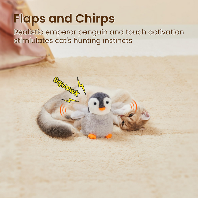 Flapping Cat Toys Emperor Penguin, Rechargeable, Lifelike Bird Chirp, Catnip Kicker Toys