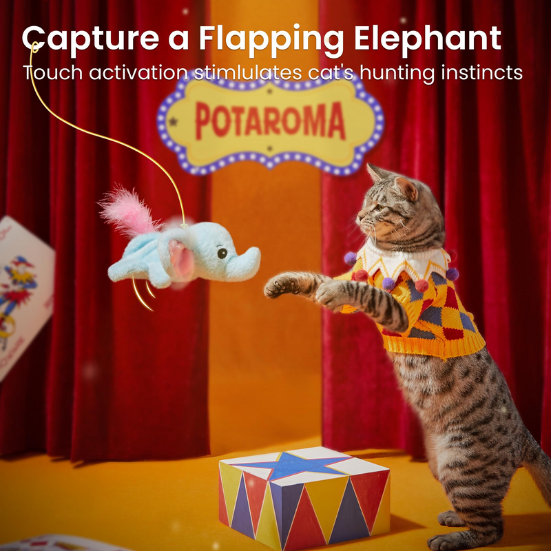Cat Toys Flapping Elephant, Interactive Realistic Kitten Toy Stuffed with Catnip and Crinkle Paper Hangable Design