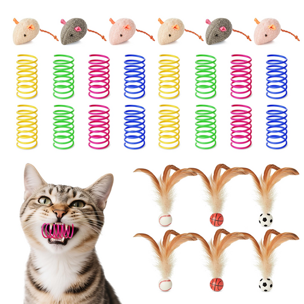 Cat Toys Pack for Indoor Cats, 28PCS Interactive Kitten Accessories with Feather Balls, Catnip Mice, Colorful Springs – Starter Kitten Toy Stuff Set, Bored Kitty Must-Have Supplies