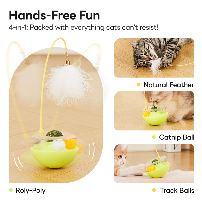 Interactive Cat Toys Exercise Wobble Base Toy for Indoor Kittens and Adult Cats, Spin Game with Track Catnip Ball and Feather Wand-Kitty Enrichment Puzzle Toy