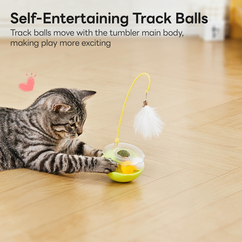 Interactive Cat Toys Exercise Wobble Base Toy for Indoor Kittens and Adult Cats, Spin Game with Track Catnip Ball and Feather Wand-Kitty Enrichment Puzzle Toy