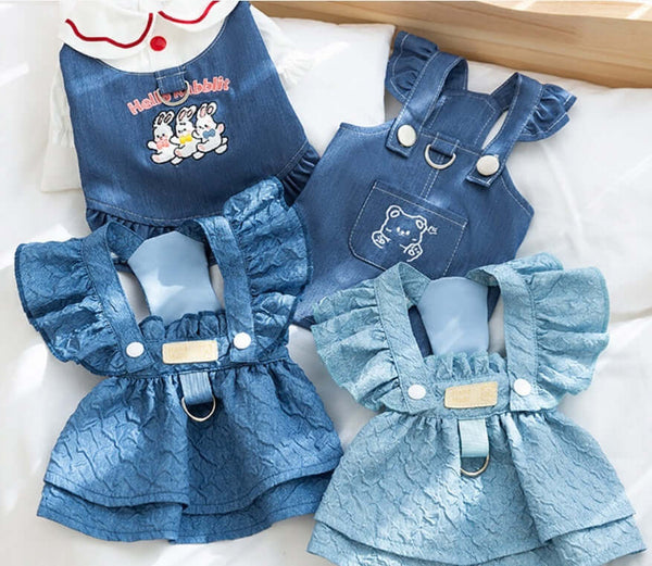 Elegant Denim Suspender Dog Dress – Small Dog Outfits | Mello & Co.